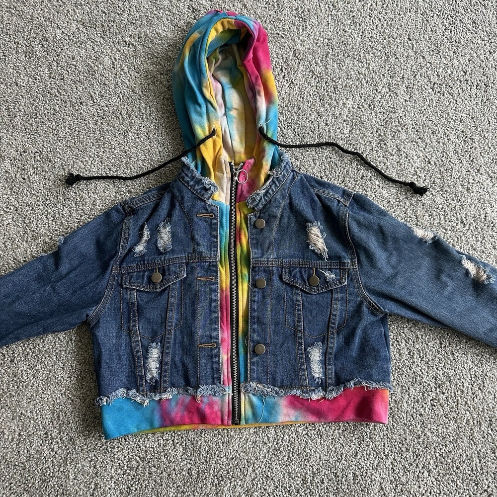 American Bazi Hooded Denim women Jacket With Tie-Dye Trim cropped distressed‎